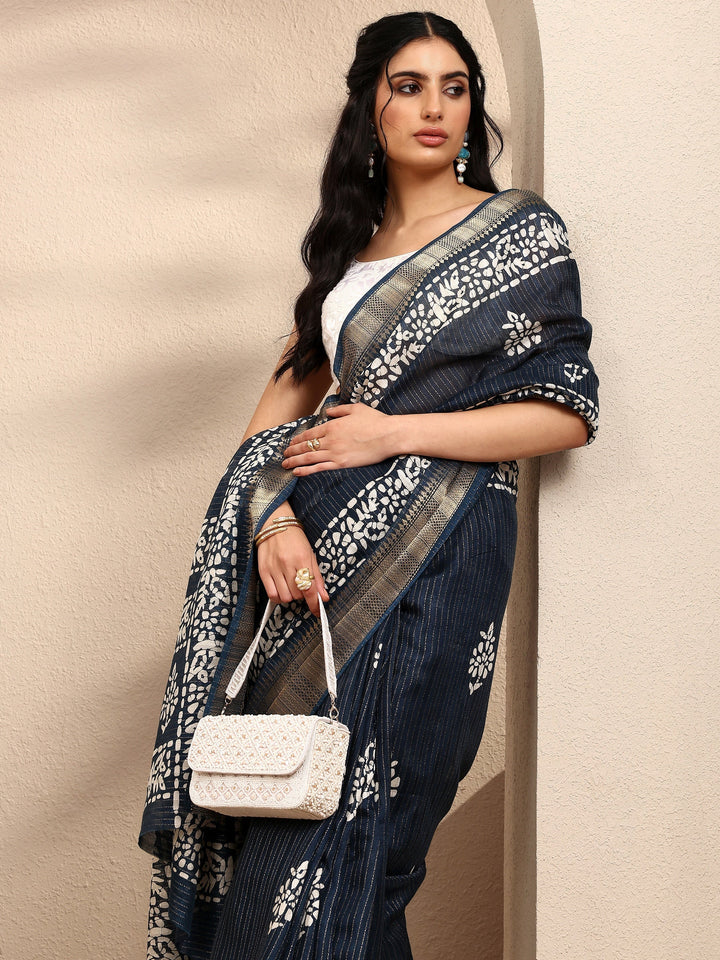Navy Blue Printed Silk Blend Saree With Unstitched Blouse Piece