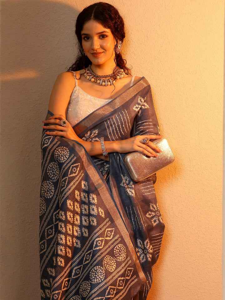 Navy Blue Printed Silk Blend Saree With Unstitched Blouse Piece
