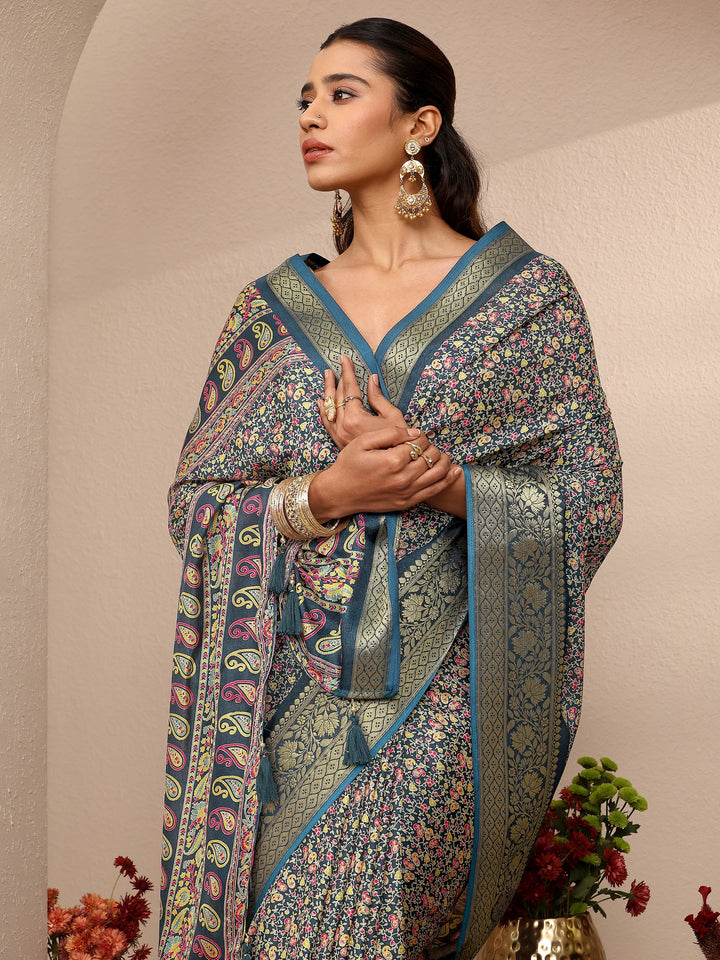 Navy Blue Printed Silk Blend Saree With Unstitched Blouse Piece