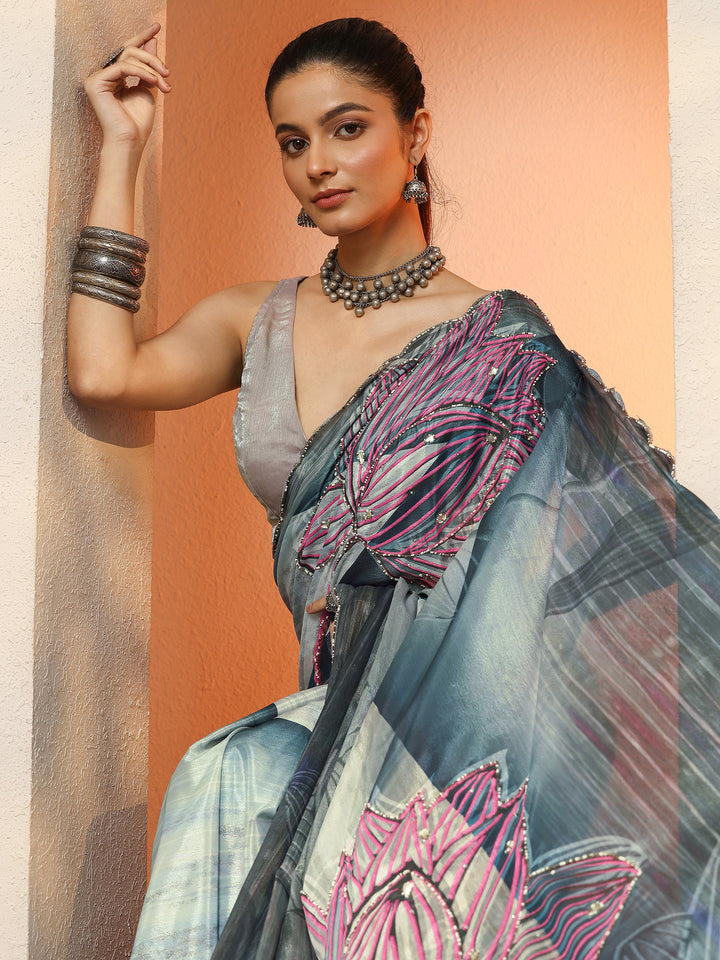 Navy Blue Printed Silk Blend Sarees With Unstitched Blouse Piece