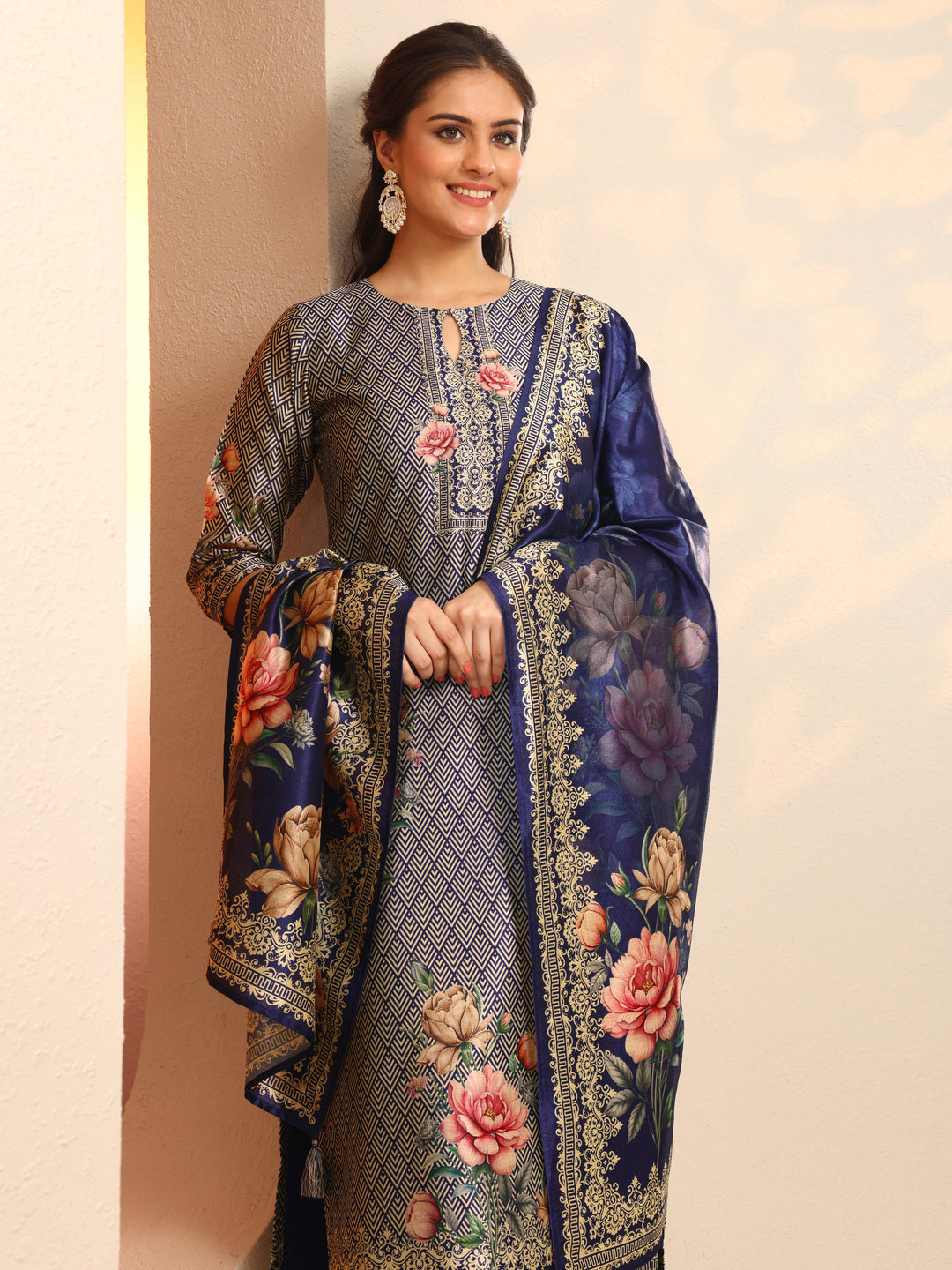 Navy Blue Printed Silk Blend Straight Suit Set With Dupatta