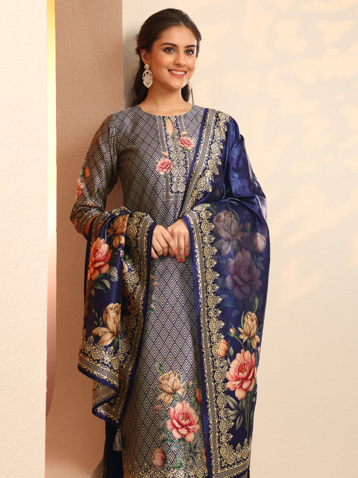 Navy Blue Printed Silk Blend Straight Suit Set With Dupatta