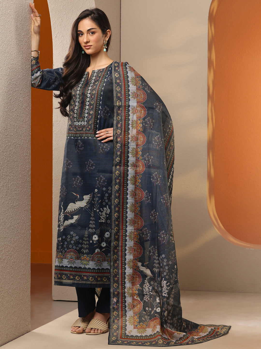 Navy Blue Printed Silk Blend Straight Suit Set With Dupatta