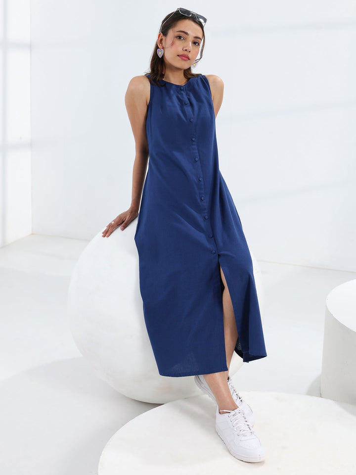 Navy Blue Solid Cotton A-Line One Piece Dress