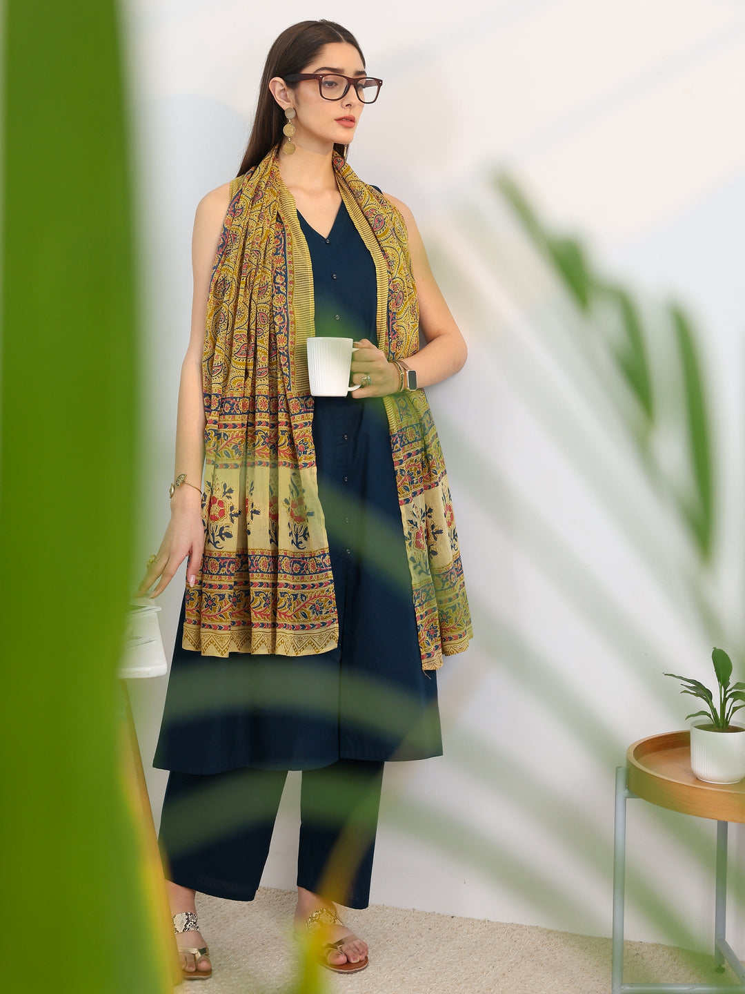 Navy blue Solid Cotton Blend A-Line Suit Set With Dupatta