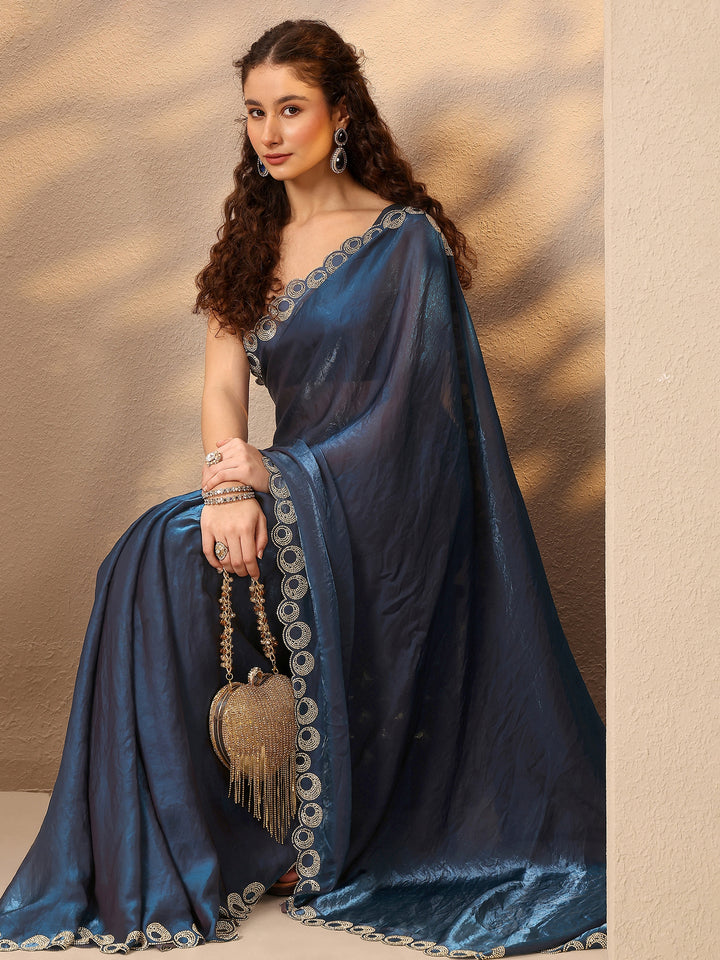 Navy Blue Solid Silk Blend Saree With Unstitched Blouse Piece