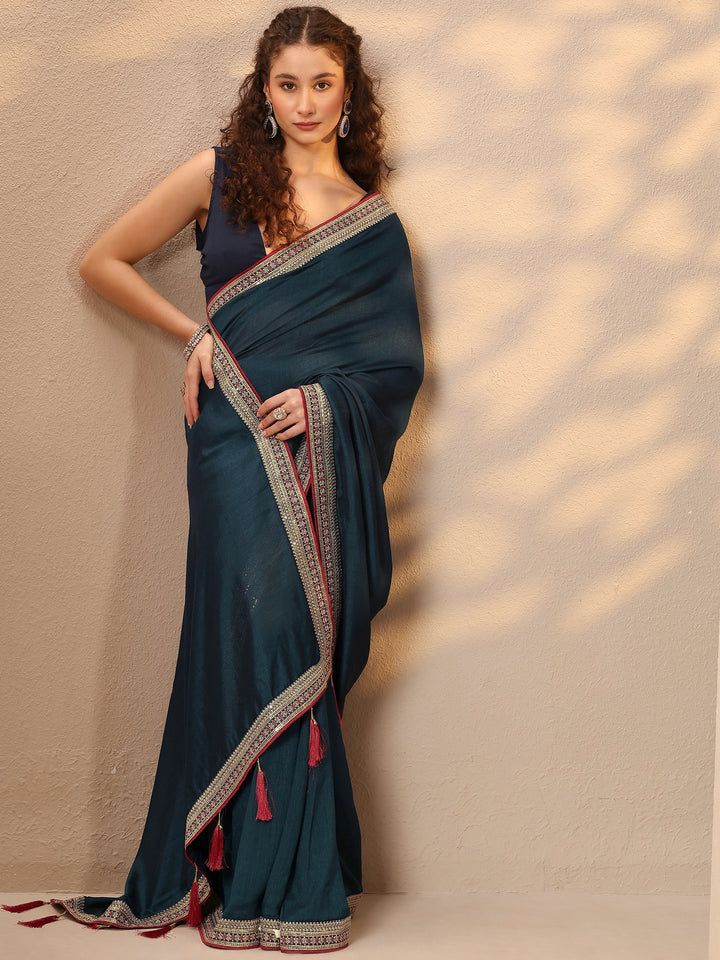 Navy Blue Solid Silk Blend Saree With Unstitched Blouse Piece