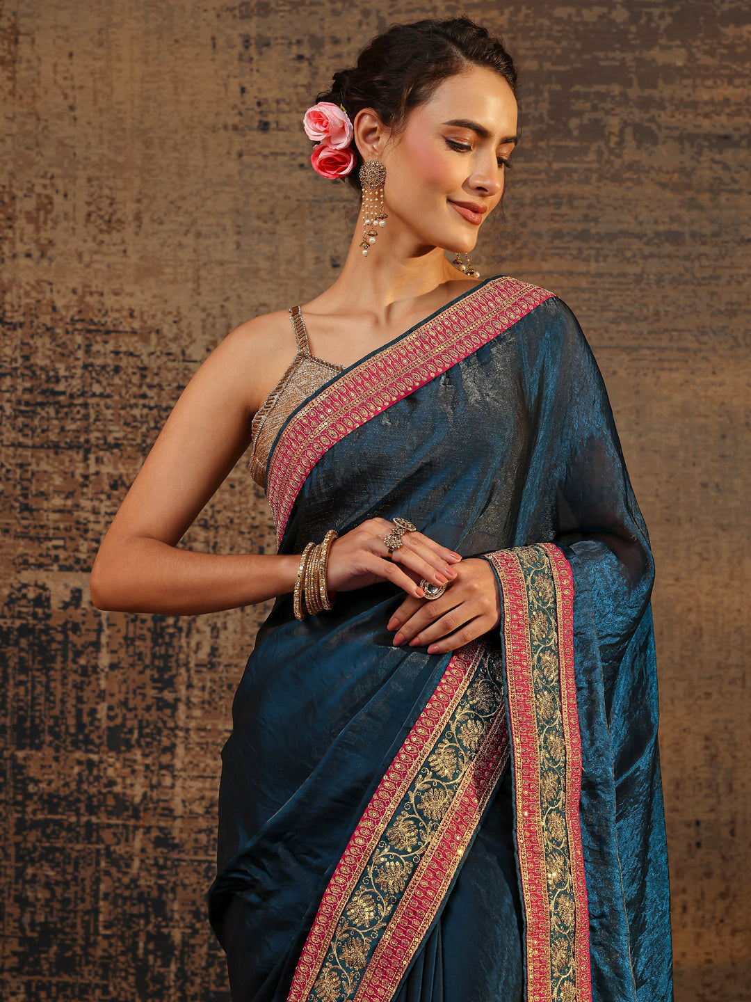 Navy Blue Solid Tissue Saree With Unstitched Blouse Piece