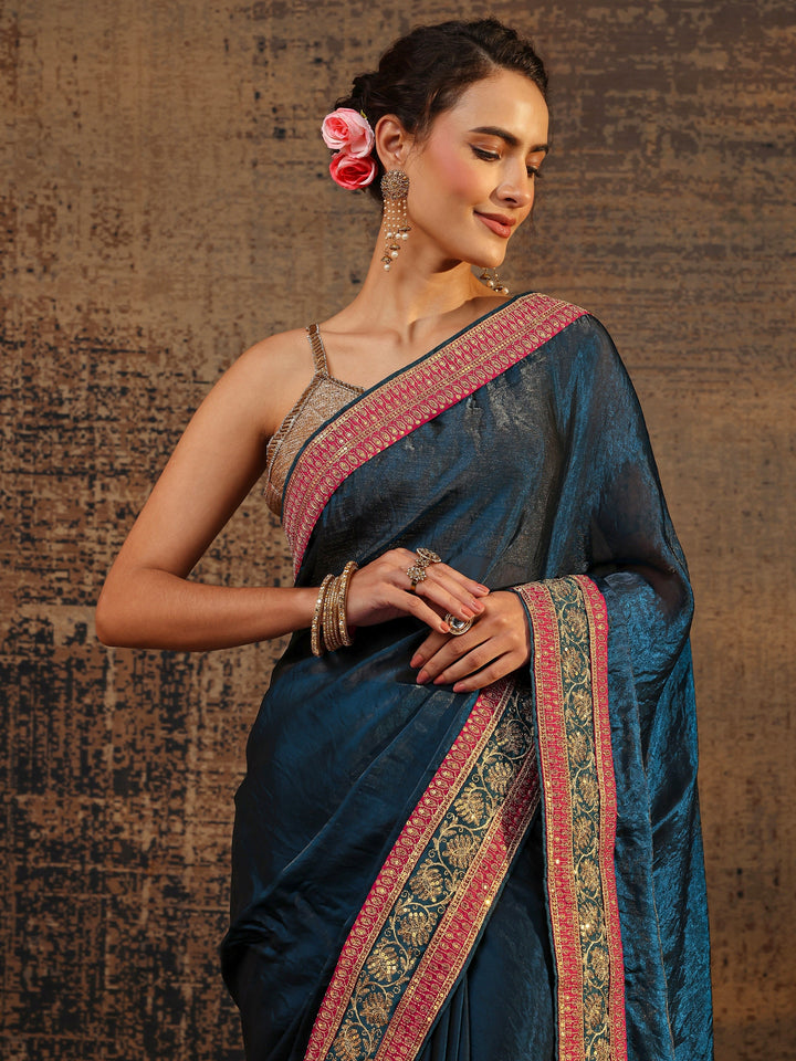 Navy Blue Solid Tissue Saree With Unstitched Blouse Piece