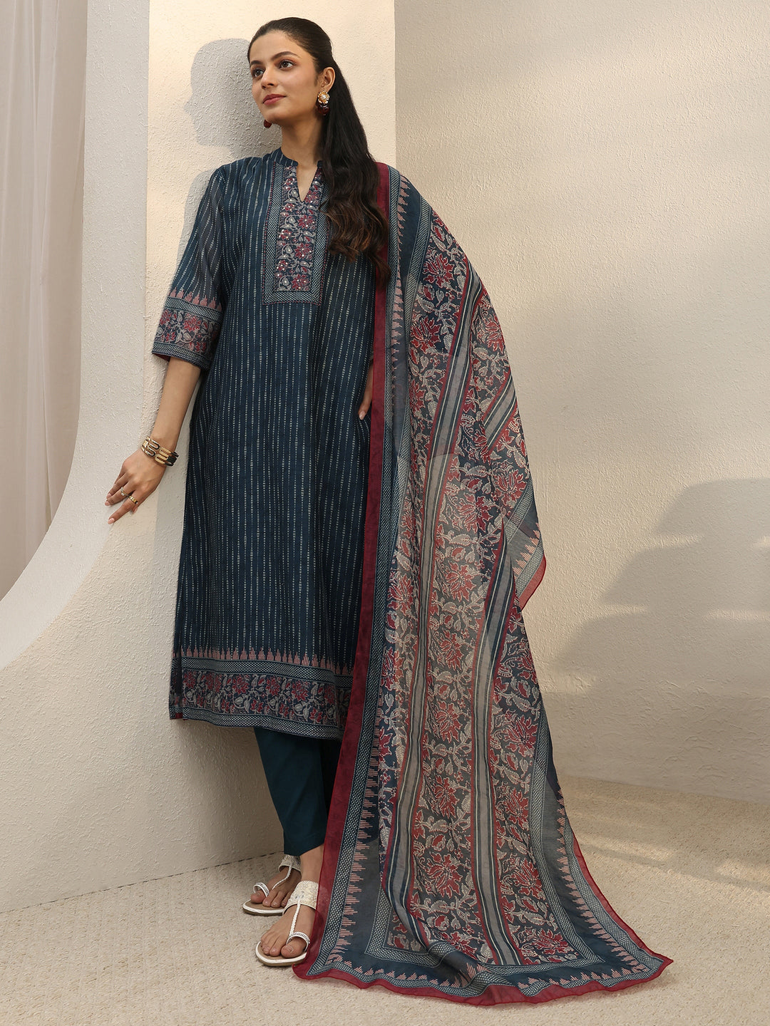 Navy Blue Striped Printed Silk Blend Straight Suit Set