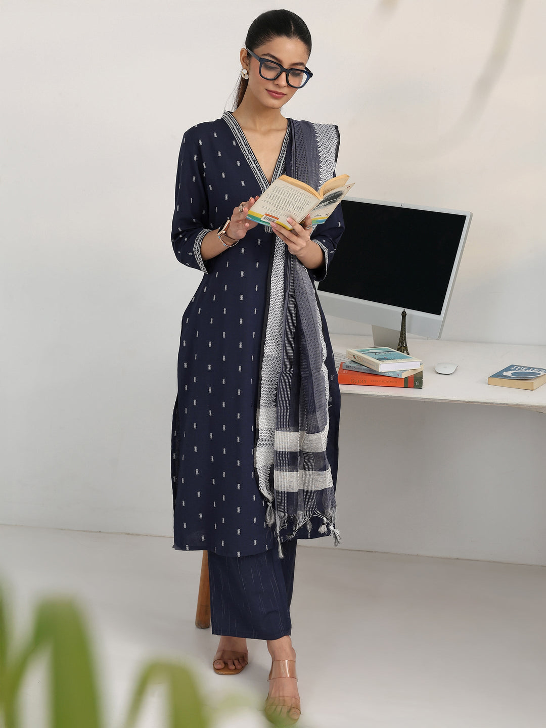 Navy Blue Woven Design Cotton Blend Straight Suit Set With Dupatta