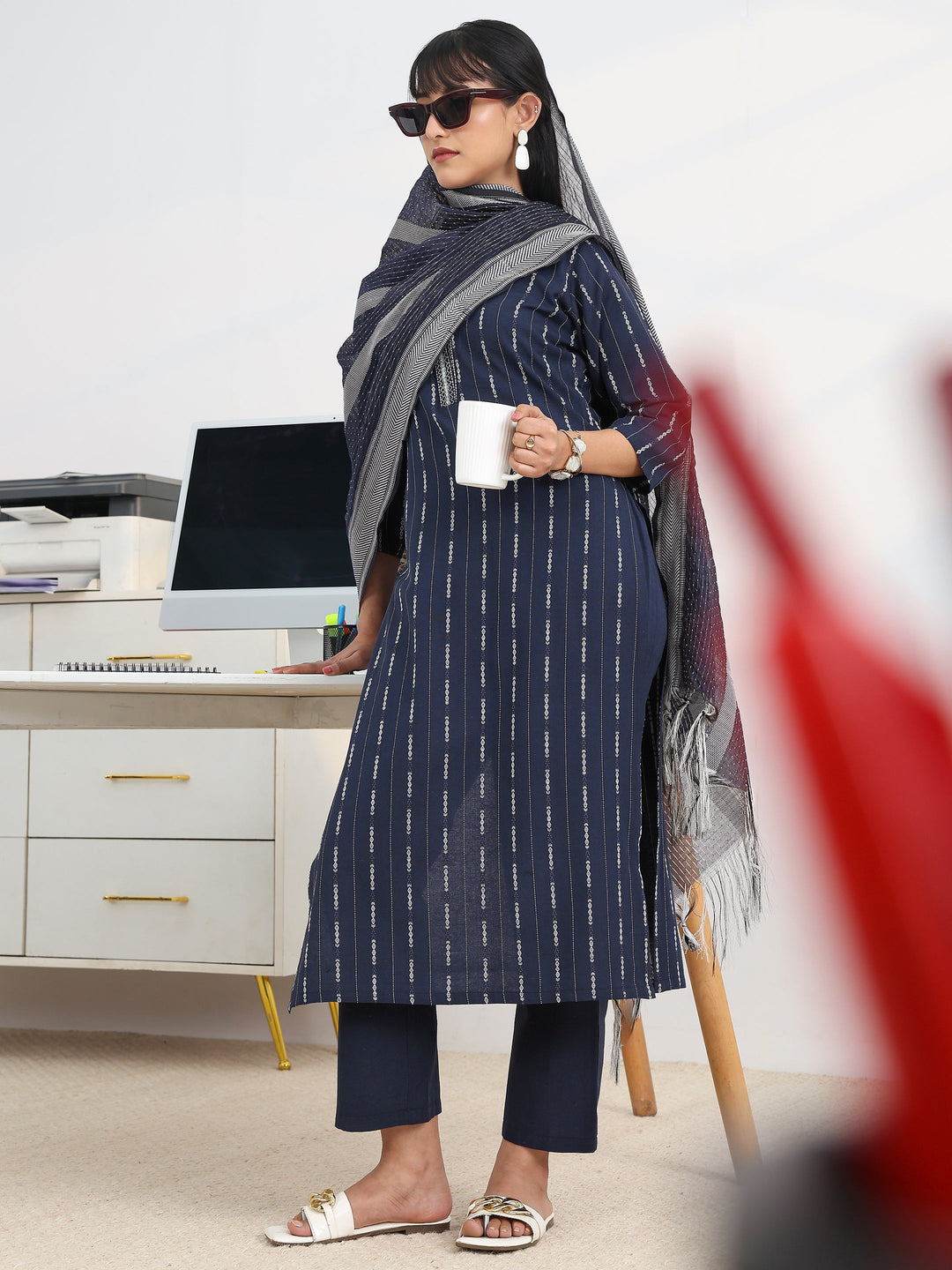 Navy blue Woven Design Cotton Blend Straight Suit Set With Dupatta