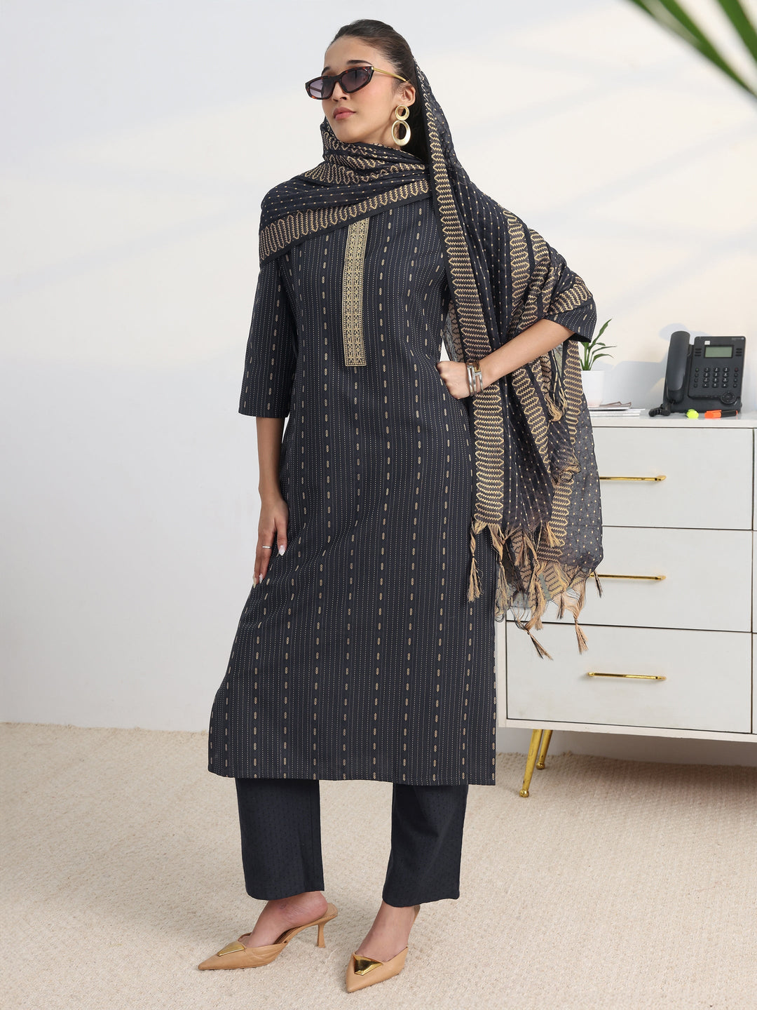 Navy Blue Woven Design Cotton Blend Straight Suit Set With Dupatta