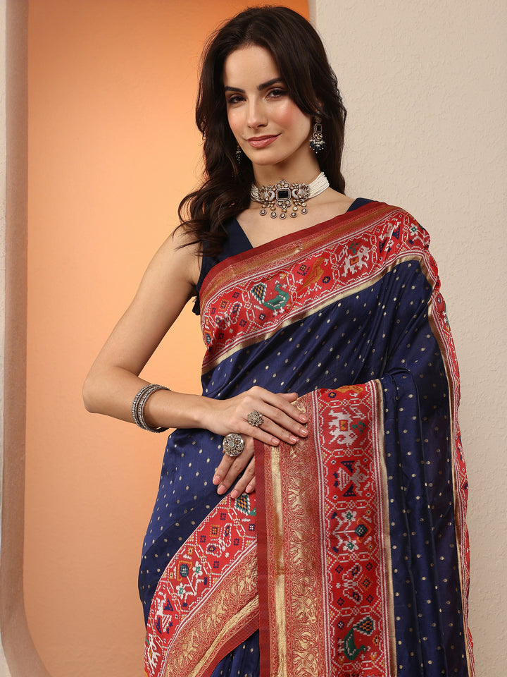 Navy Blue Woven Design Silk Blend Saree With Unstitched Blouse Piece