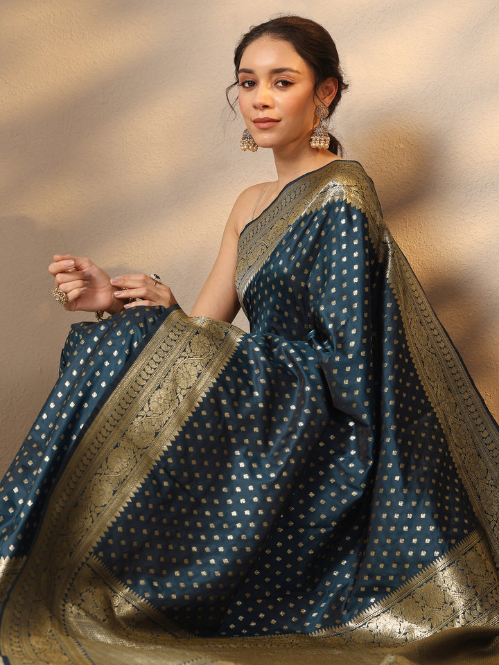Navy Blue Woven Design Silk Blend Saree With Unstitched Blouse Piece