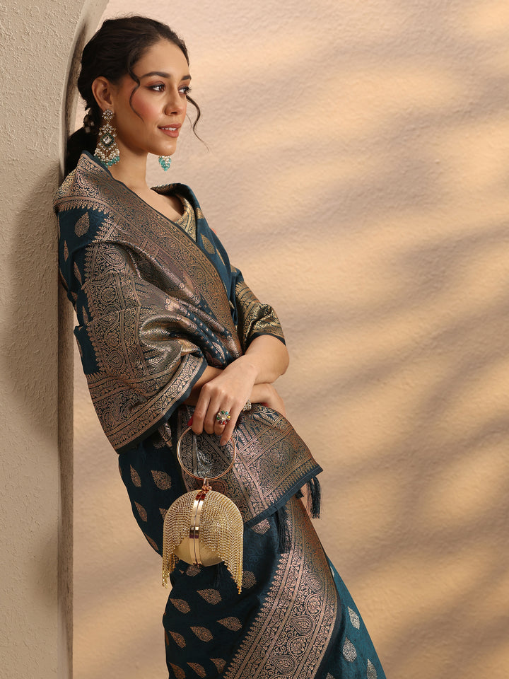 Navy Blue Woven Design Silk Blend Saree With Unstitched Blouse Piece