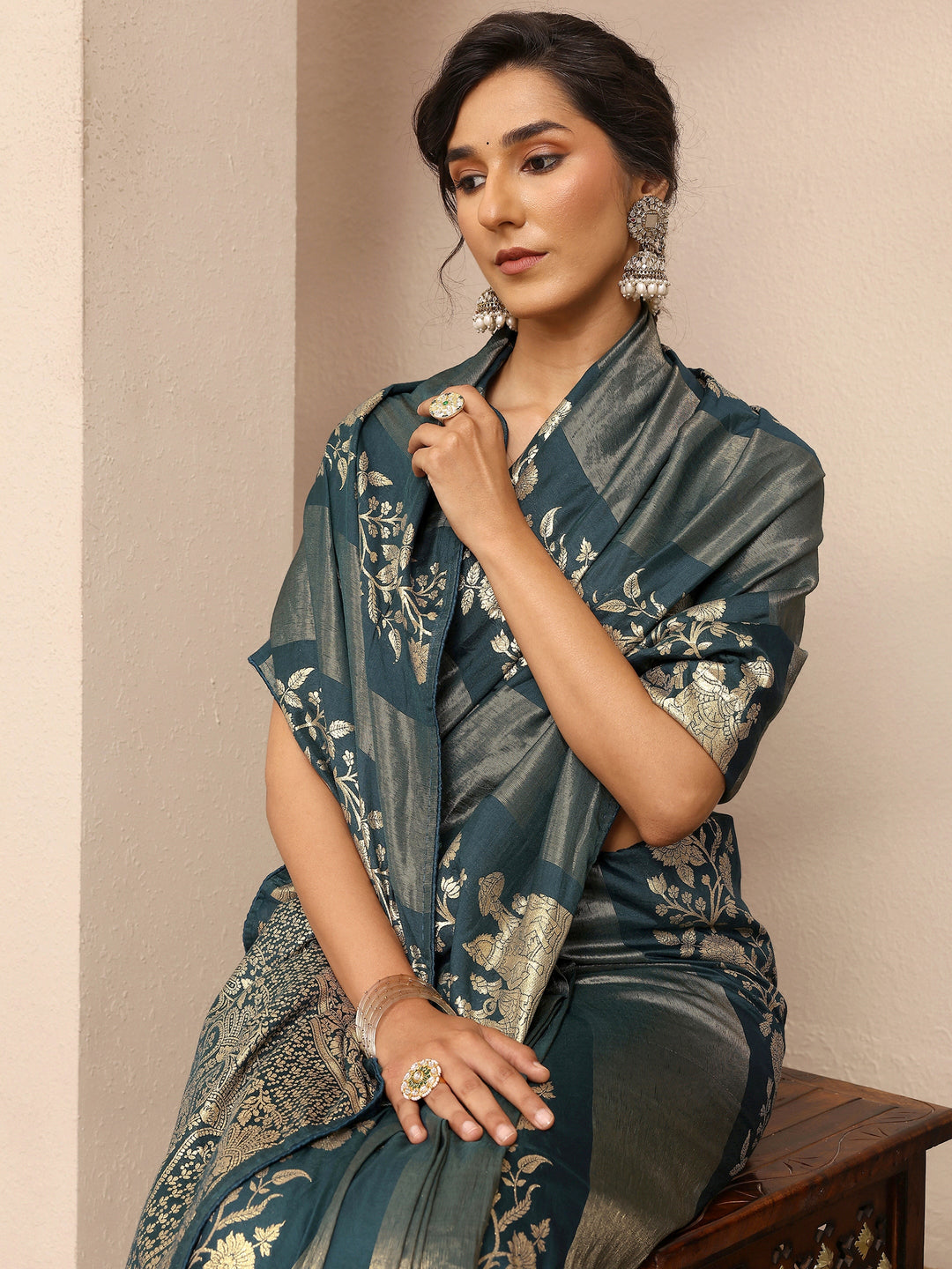 Navy Blue Woven Design Silk Blend Saree With Unstitched Blouse Piece