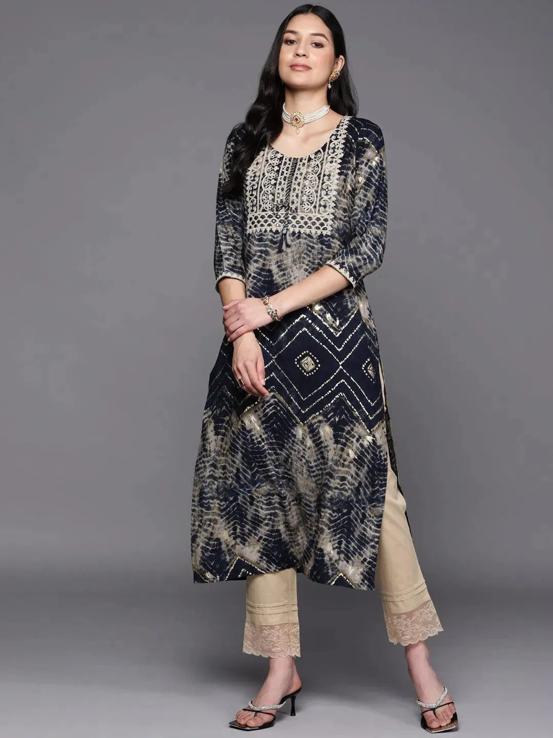 Navy Blue Yoke Design Rayon Straight Kurta