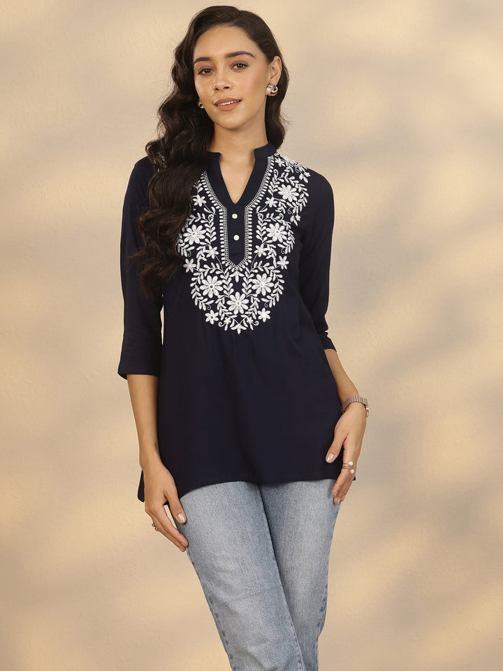 Navy Blue Yoke Design Rayon Straight Short Kurti