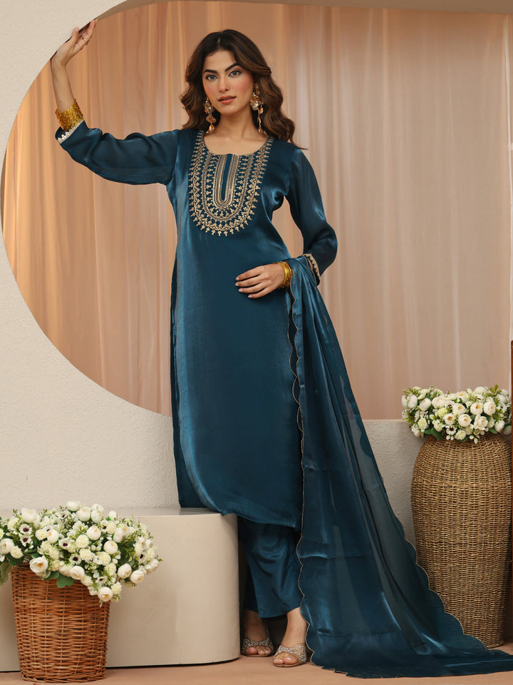 Navy Blue Yoke Design Tissue Straight Suit Set