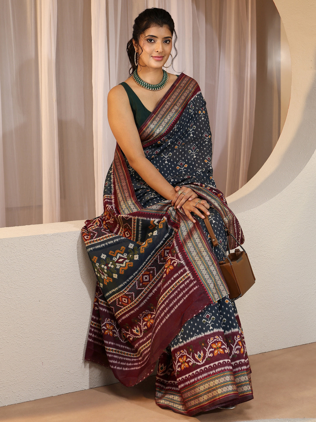 Navy Ethnic Print Silk Blend Bomkai Saree