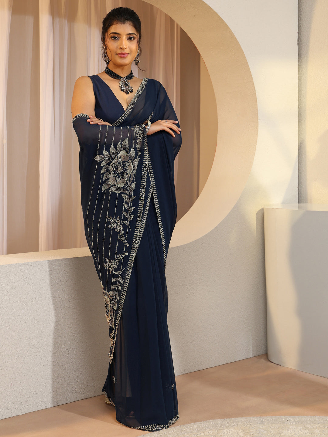 Navy Georgette Saree With Floral Embellished Pallu