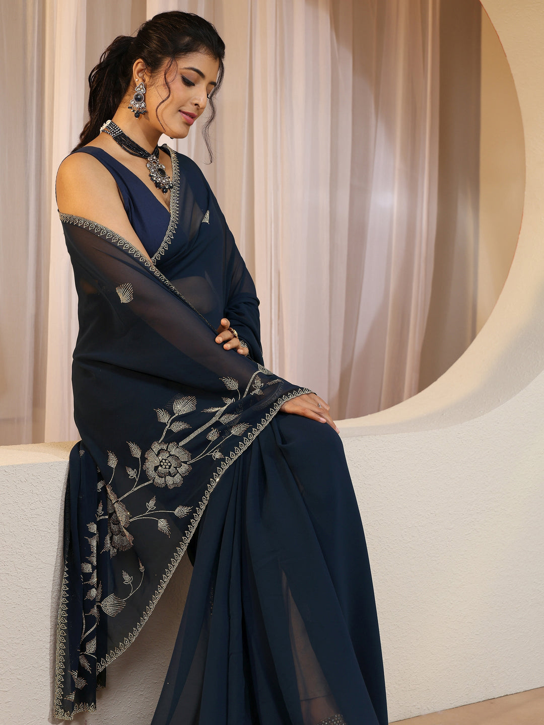 Navy Georgette Saree With Floral Embellished Pallu