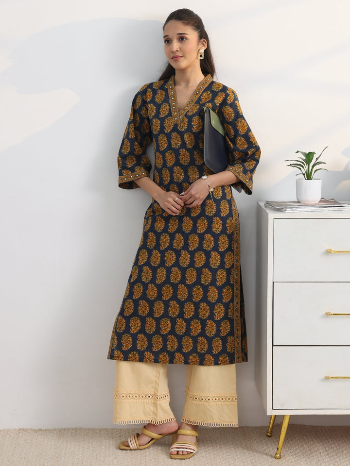 Navy Paisley Printed Cotton Blend Straight Kurta