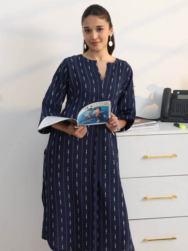 Navy Woven Design Cotton Blend Straight Kurta