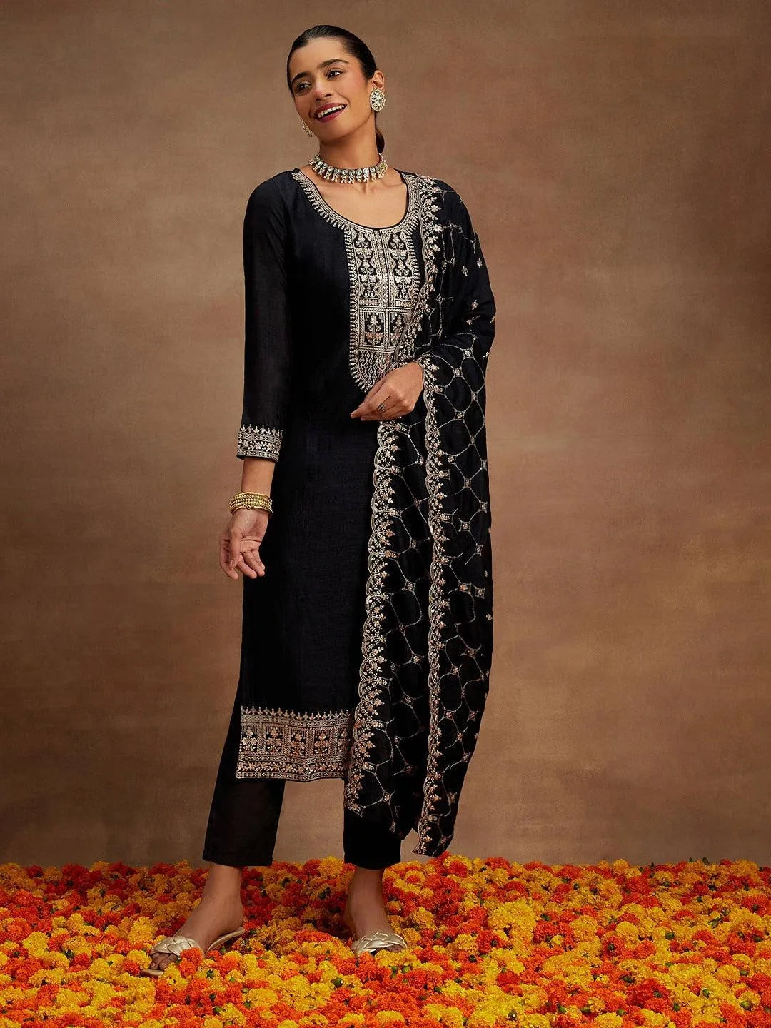 Navy Blue Yoke Design Silk Blend Straight Suit With Dupatta