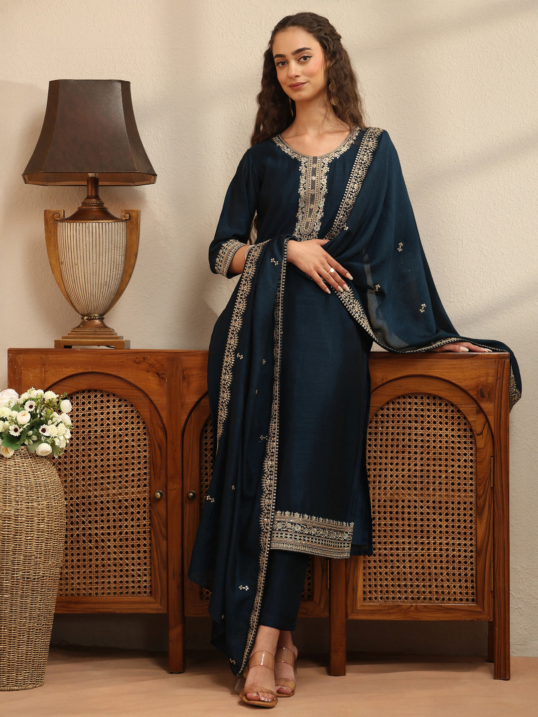 Navy Yoke Embellished Chanderi Silk Straight Suit Set