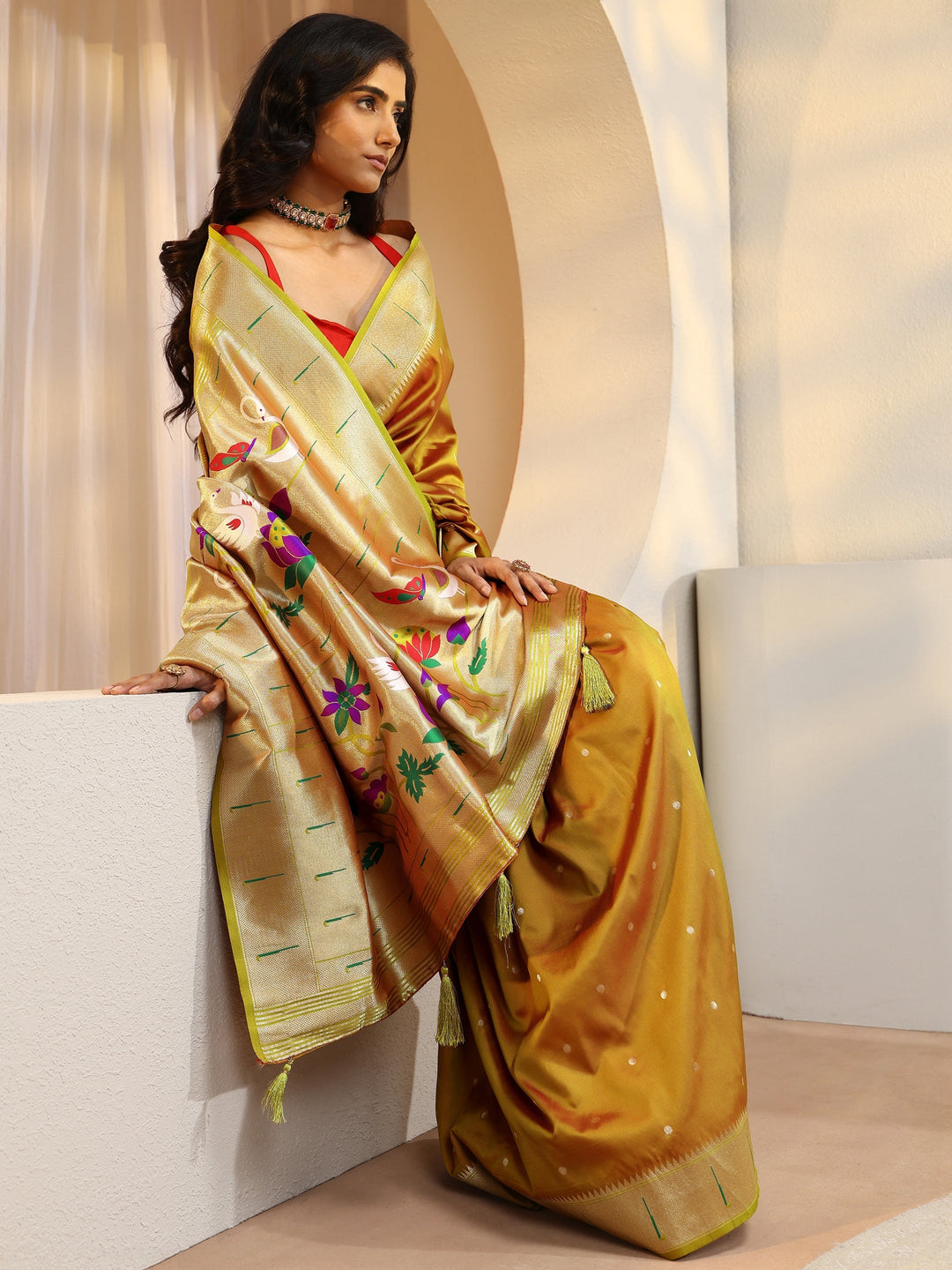 Ochre Yellow Silk Blend Paithani Saree
