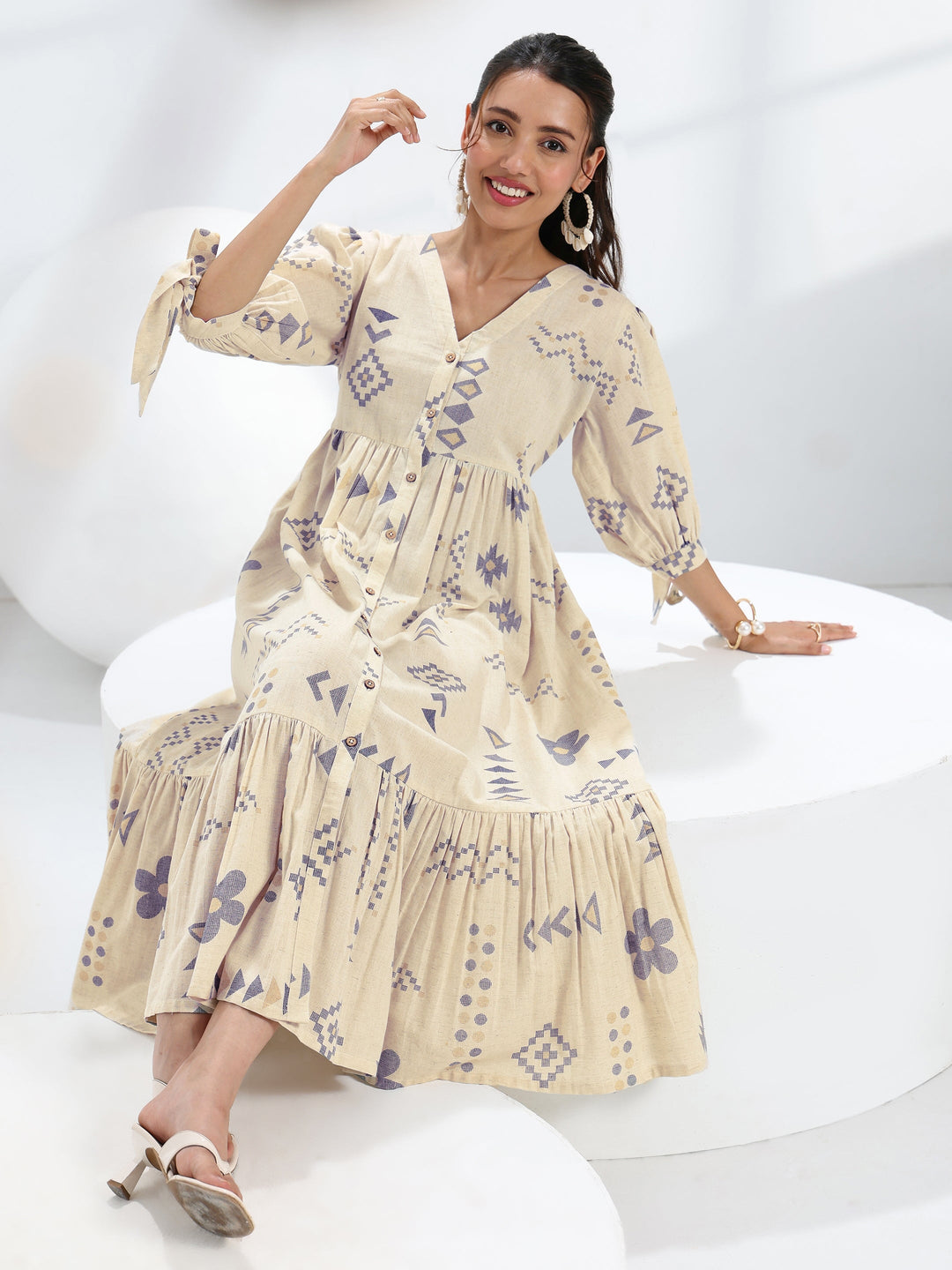 Off White Abstract Printed  Cotton A-Line One Piece Dress