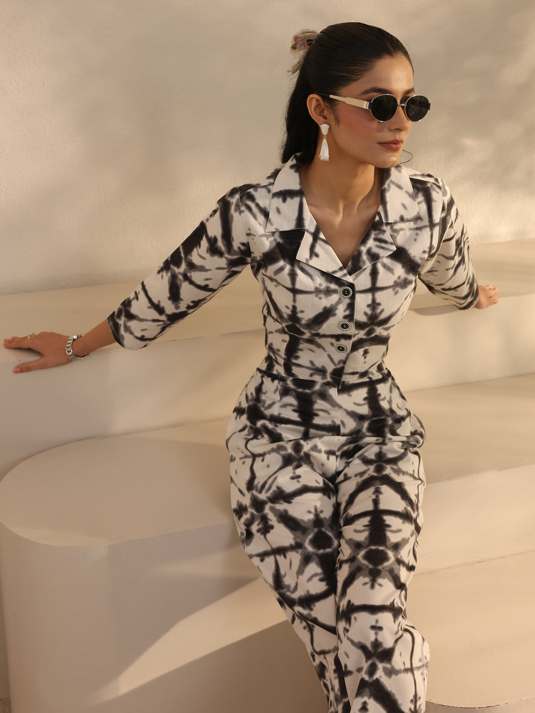 Off White Abstract Printed Cotton Blend Co-Ord Set