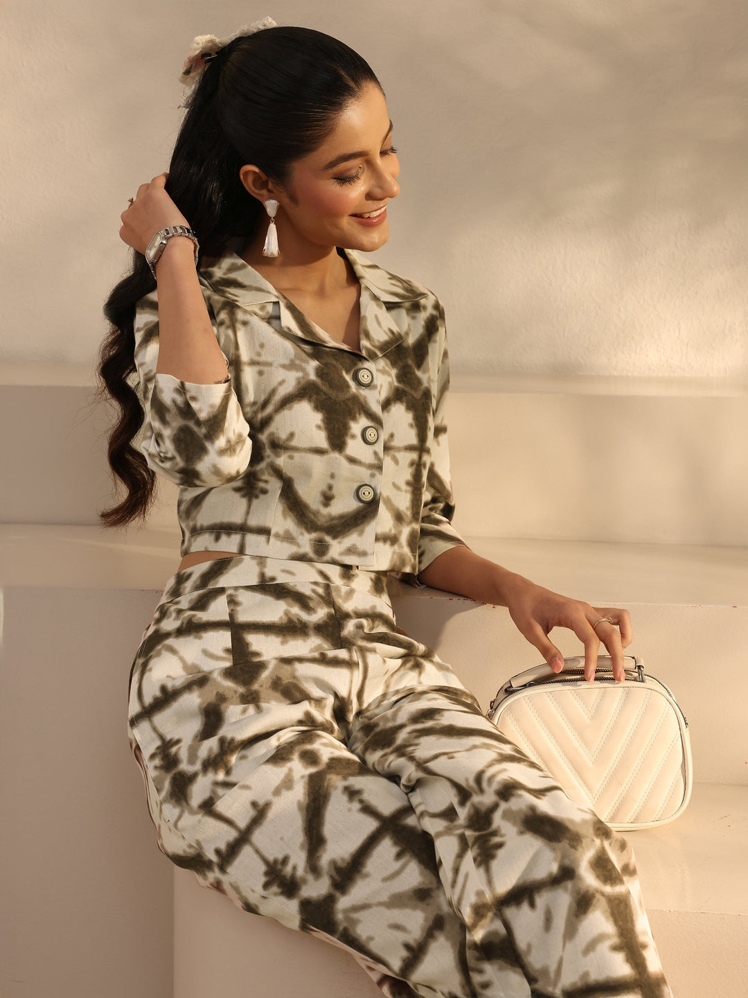 Off White Abstract Printed Cotton Blend Co-Ord Set