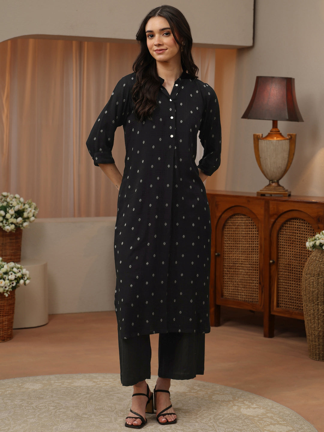 Black Woven Design Rayon Straight Kurta