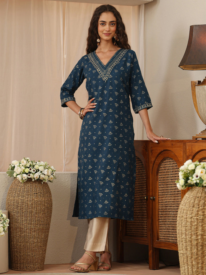 Blue Ethnic Woven Design Cotton Blend Straight Kurta