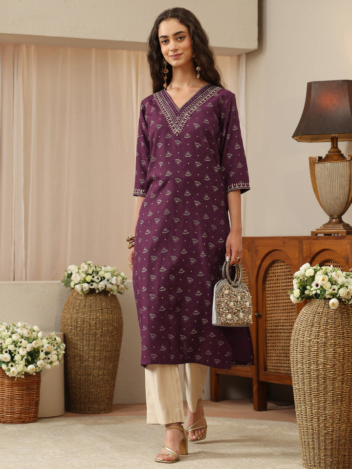 Burgundy Ethnic Woven Design Cotton Blend Straight Kurta
