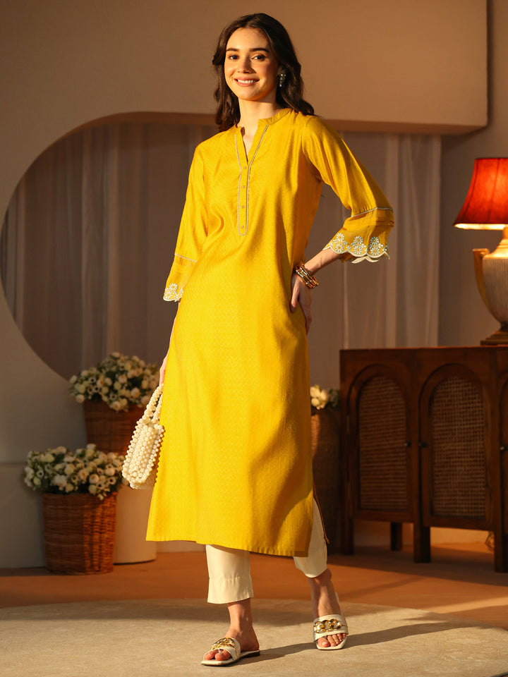 Mustard Woven Design Silk Blend Straight Kurta