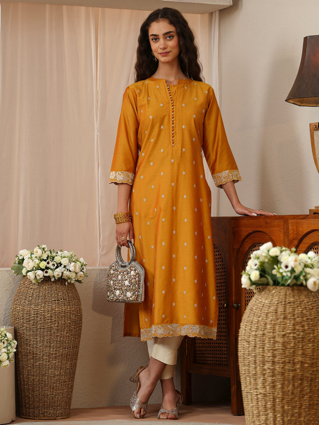 Mustard Woven Design Silk Blend Straight Kurta