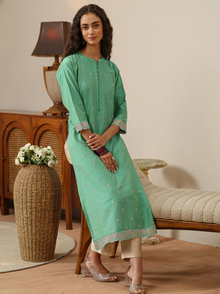 Green Woven Design Silk Blend Straight Kurta