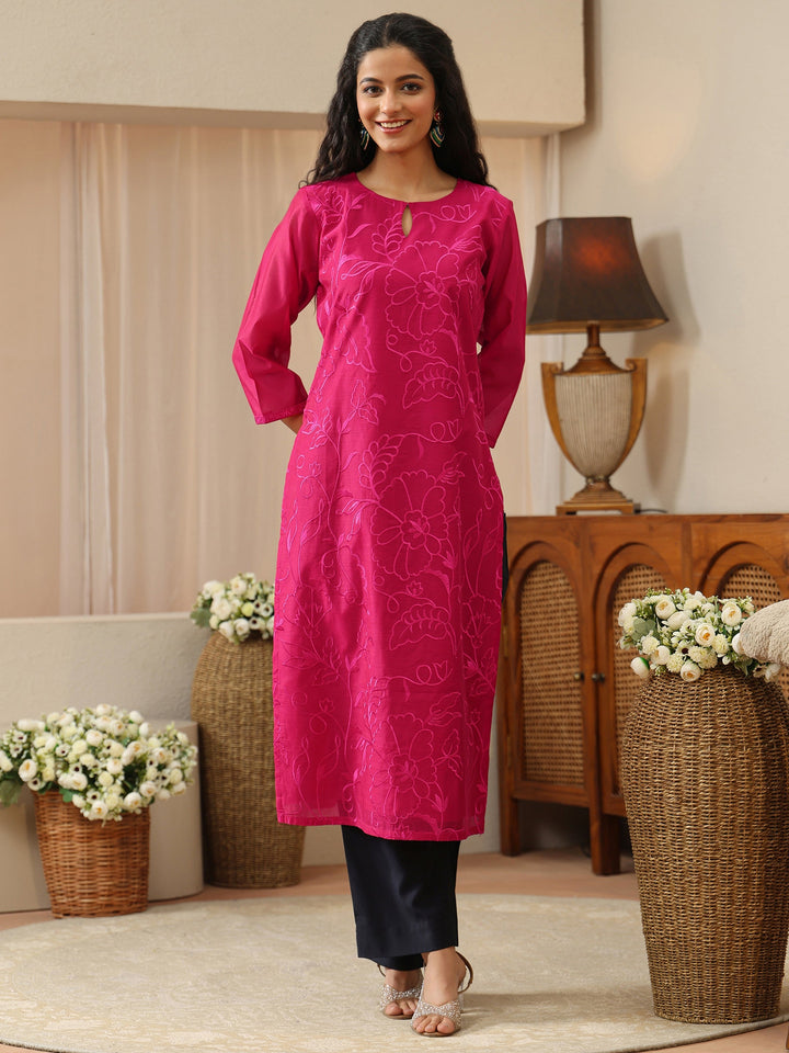 Pink Floral Embroidered Chanderi Silk Straight Kurta