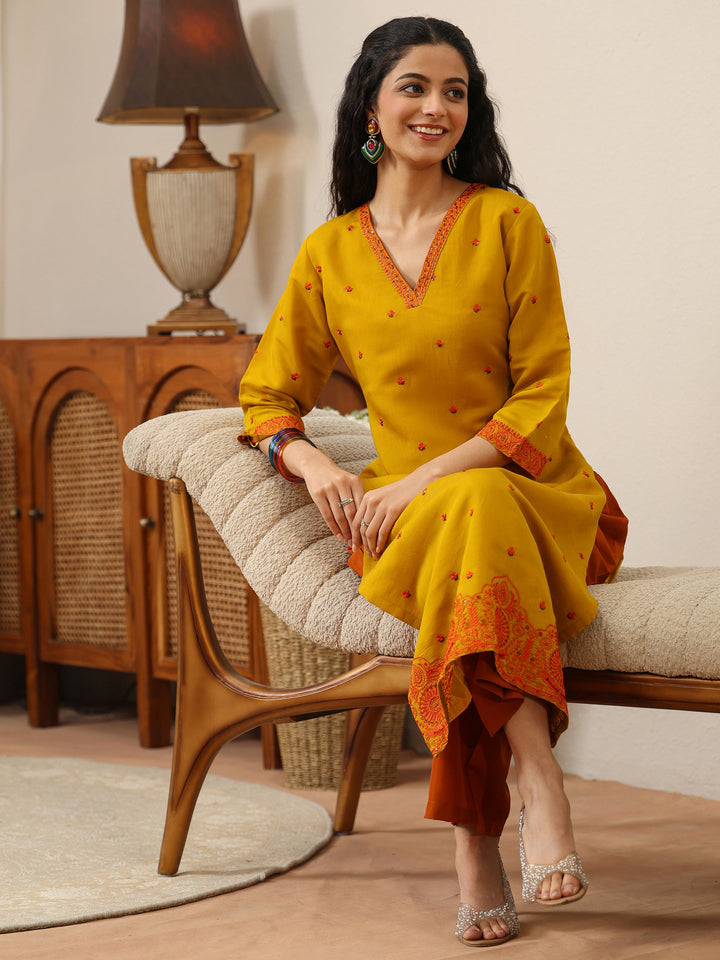Mustard Ethnic Embroidered Chanderi Cotton Straight Kurta