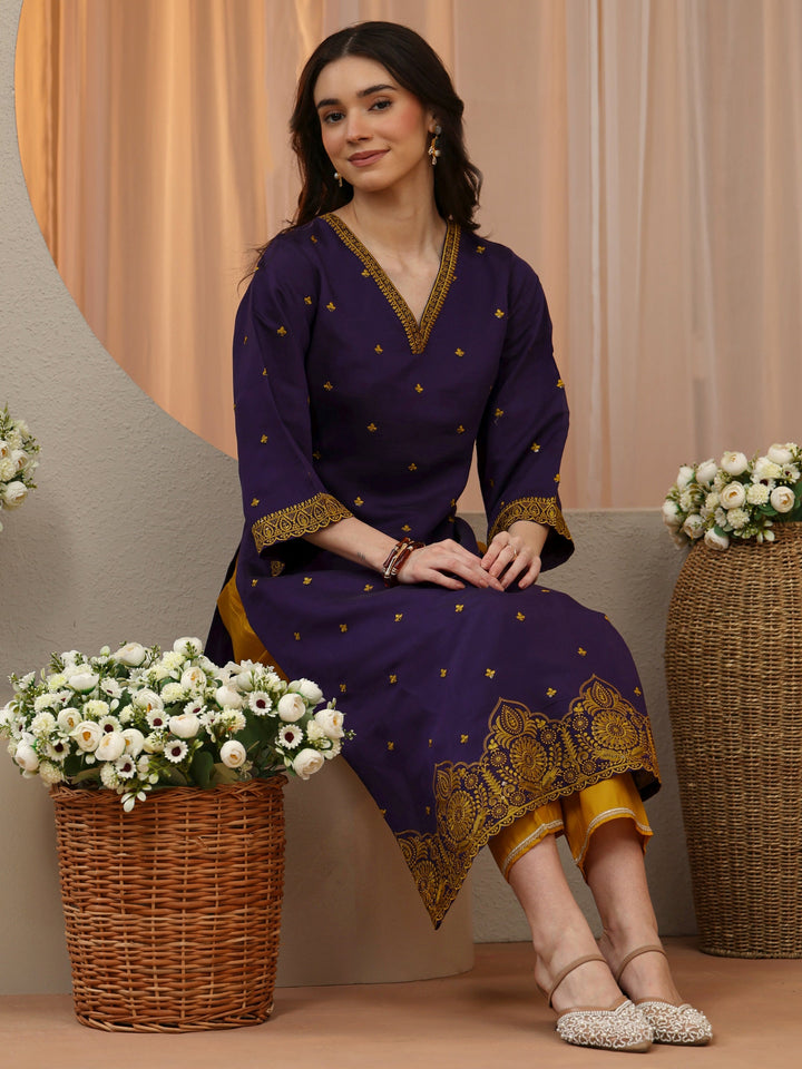 Purple Ethnic Embroidered Chanderi Cotton Straight Kurta