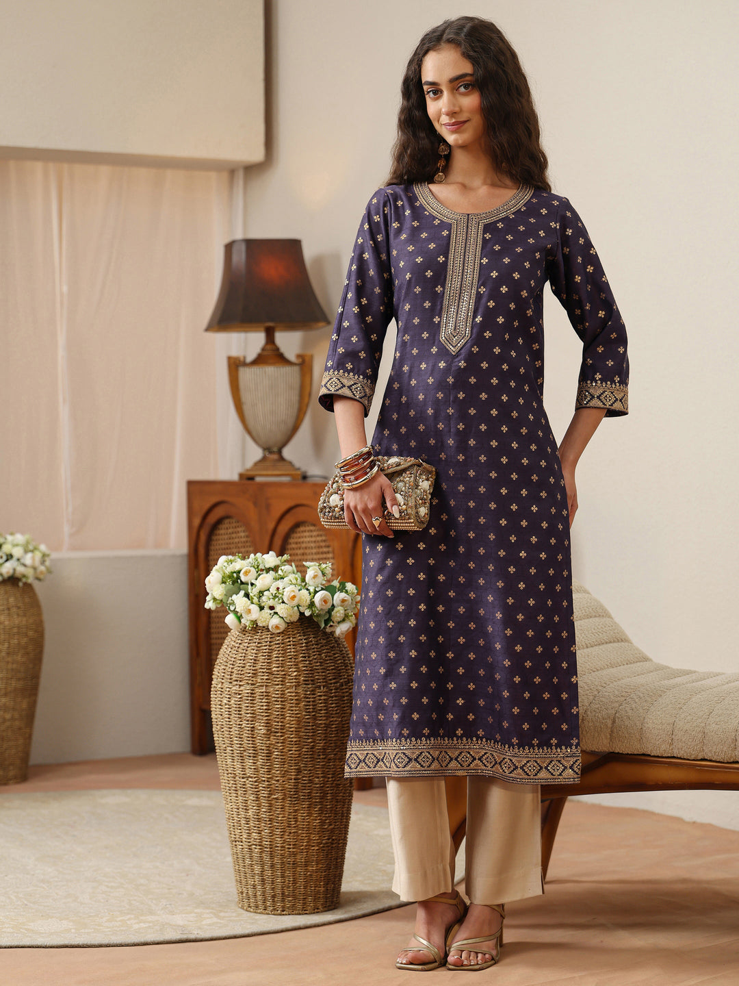 Purple Ethnic Woven Design Chanderi Silk Straight Kurta