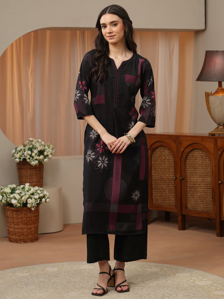 Black Multi Printed Silk Blend Straight Kurta