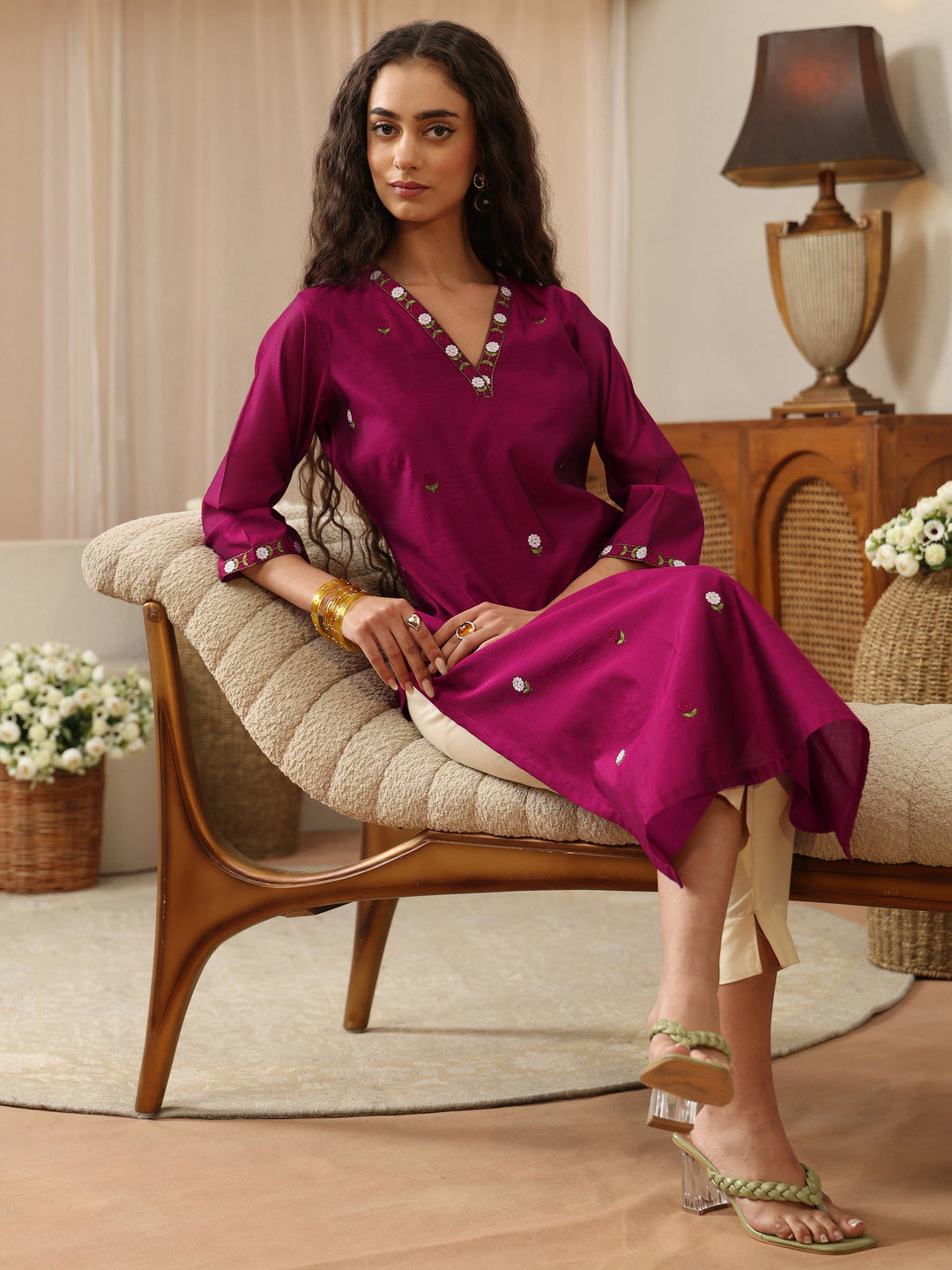 Magenta Floral Embroidered Chanderi Silk Straight Kurta