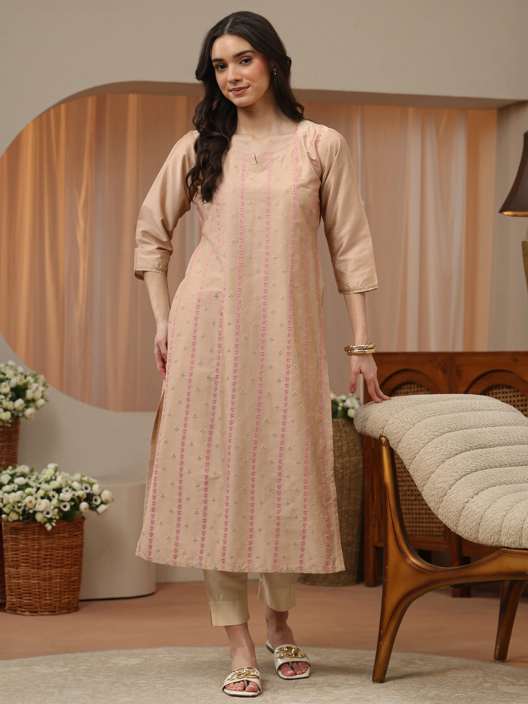 Beige Floral Embroidered Silk Blend Straight Kurta