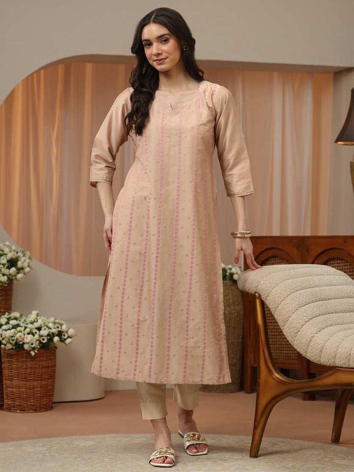 Beige Floral Embroidered Silk Blend Straight Kurta