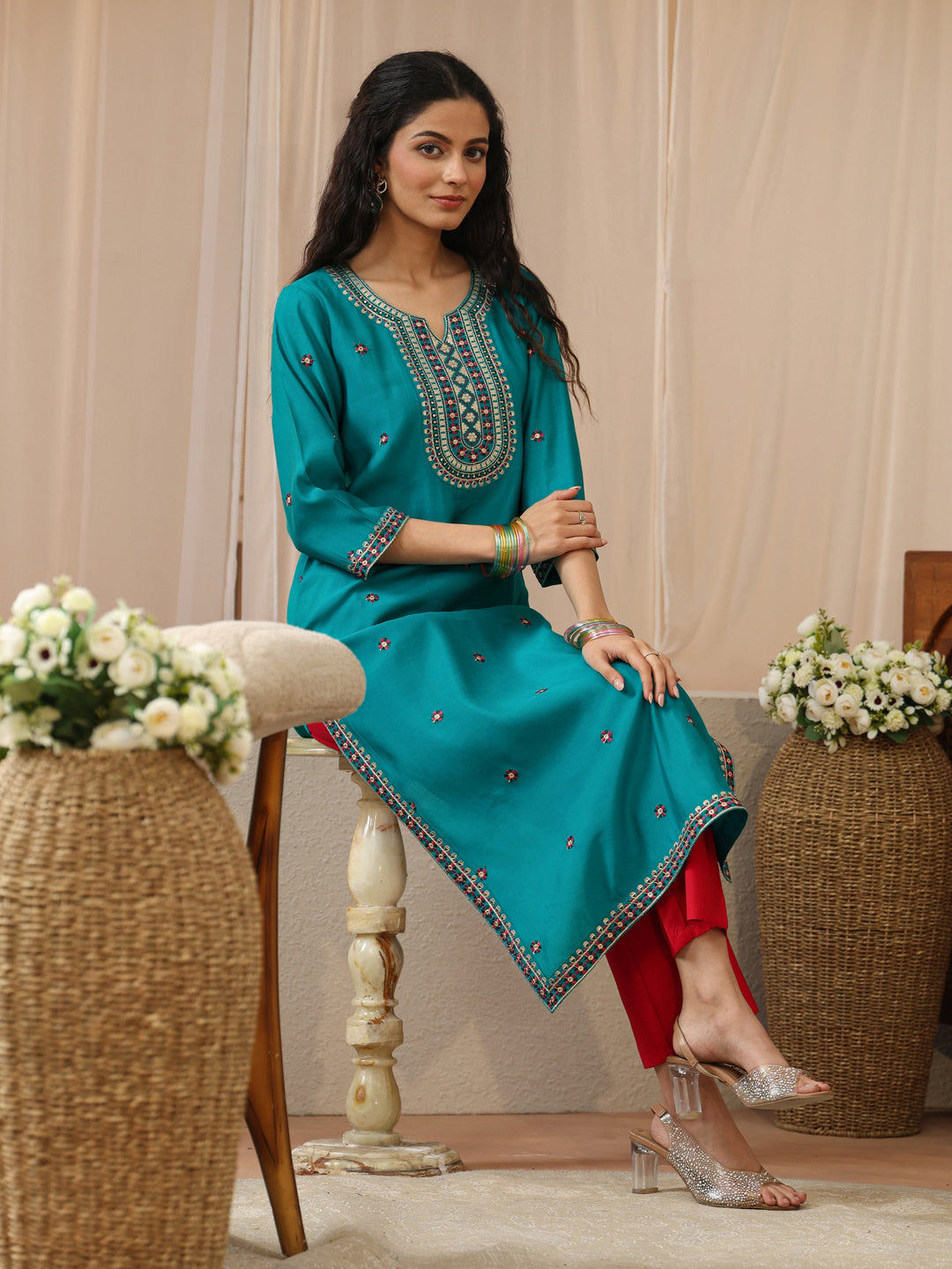 Turquoise Embroidered Silk Blend Straight Kurta